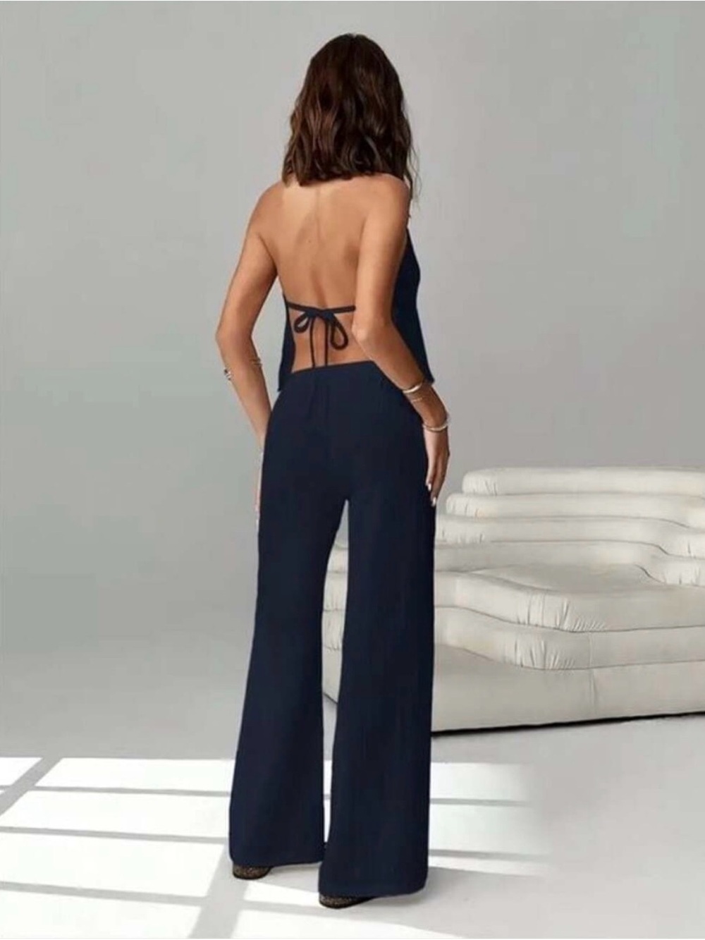 Navy Halter Wide-Leg Pant Set Open Back Small - Picture 2 of 3